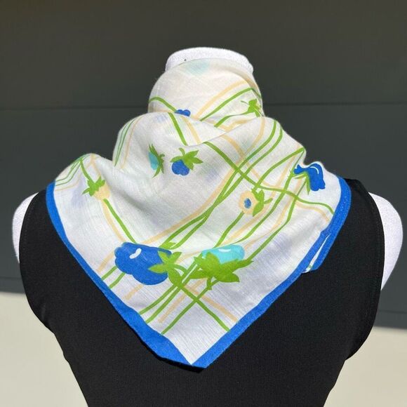 Vintage Blue & Green Floral Grid Print Scarf 25"x25" Square Lightweight - Picture 1 of 7